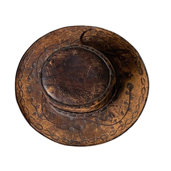 (SOLD) HANDMADE Vintage Hand Tooled Leather Mexican Western Cowboy Hat Hat O/S - Picture 4 of 15